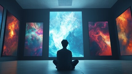 A man is sitting in front of a large screen with a blue and red galaxy