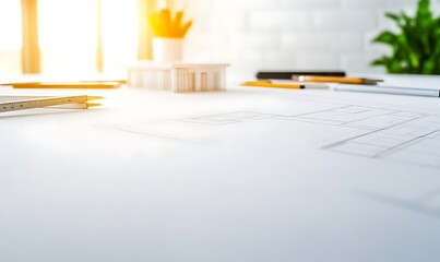 Fototapete - Bright workspace featuring architectural plans, pens, and a potted plant on a table.
