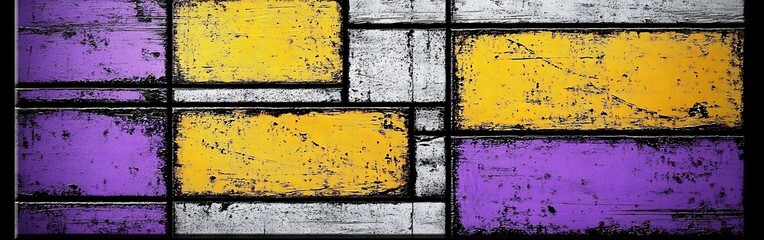 Poster - Geometric art painting of yellow, purple and white with gritty texture