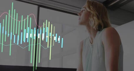 Poster - In office, businesswoman analyzing financial data using animation on computer screen