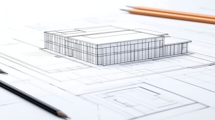 Poster - Architectural blueprint of a modern building, showcasing design elements and structure details.
