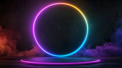 Poster - Neon Circle in Dark Space with Colorful Light Effects and Smoke