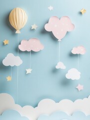 Poster - Whimsical paper art background with pastel clouds, balloons, and stars creating a dreamy atmosphere for creative projects Generative AI