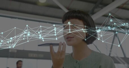 Poster - woman speaking into smartphone with digital network connections overlay animation