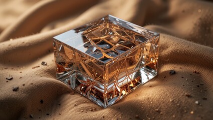 Crystal Cube, Amber Liquid, Beige Fabric