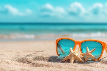 Poster - Sun soaked beach with orange sunglasses and starfish resting on warm sand by the tranquil sea Generative AI