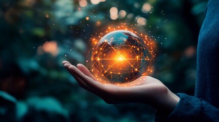 Person holding glowing orb in hand, nature background. Possible use stock photo for science fiction, fantasy, or spirituality