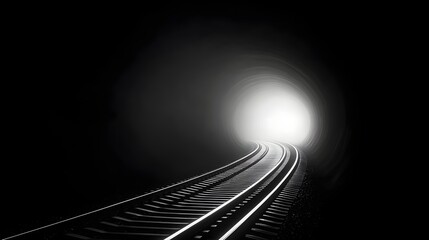 Poster - Curved Railroad Tracks Leading into Mysterious Bright Tunnel