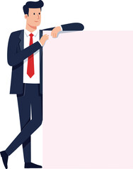 Poster - Businessman in a suit leaning against a blank panel, showcasing professionalism and confidence in minimal flat vector illustration