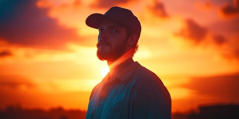 Poster - A silhouette of a man against a vibrant sunset. The colors blend beautifully as the sun sets on the horizon. This image captures a moment of calmness and reflection. Ideal for lifestyle projects. AI