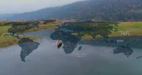 Poster - Kayaking on lake, person exploring animation with digital world map overlay