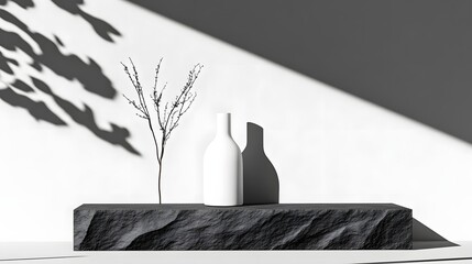 Poster - Minimalist Still Life with White Vase and Shadows on Stone Surface