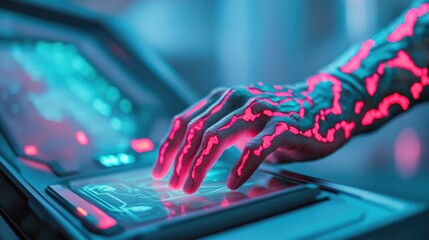 Poster - close-up of alien hand activating holographic console intricate glowing patterns on their skin blending with sleek