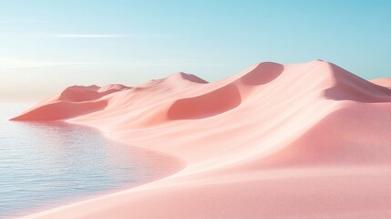 Wall Mural - pink sand dunes gently meet the ocean water under a blue sky