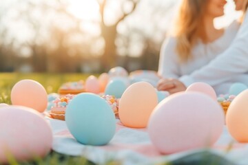 Poster - couple sitting on picnic blanket surrounded by easter-themed treats and decorations natural light and clean composition