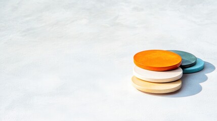 Poster - detailed shot of colorful tokens arranged neatly on textured surface surrounded by soft shadows and wide copy space