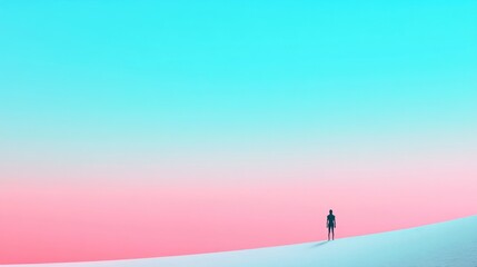 Aufkleber - minimalist alien environment with lone humanoid figure standing on smooth terrain vibrant gradients in sky emphasizing