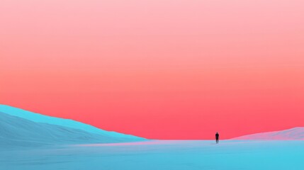 Aufkleber - minimalist alien environment with lone humanoid figure standing on smooth terrain vibrant gradients in sky emphasizing