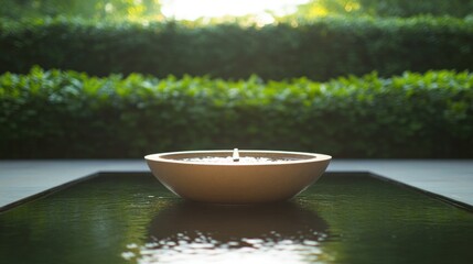 Poster - scenic capture of fountain surrounded by greenery at garden expo image clean and vibrant leaving ample text space