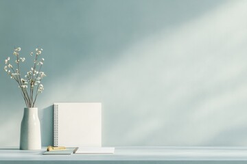 Poster - serene workspace with empty desk neatly arranged stationery blank notebook open and soft light illuminating scene