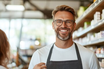 Poster - smiling supermarket worker assisting customer with product recommendations framed by neatly organized shelves and ample
