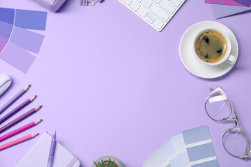 Aufkleber - Designer's workplace with keyboard, stationery and cup of coffee on lilac background, flat lay. Space for text