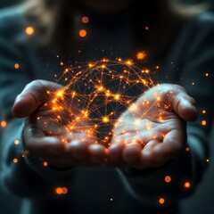 Aufkleber - Illuminated hands hold a glowing network of connections. This image embodies the fusion of technology and human touch. Perfect for concepts of innovation and connection. AI