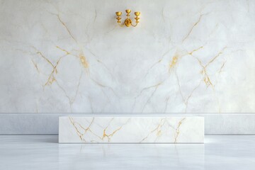 Poster - white marble podium with fine golden veins displayed in minimalist studio with clean lighting and ample copy space