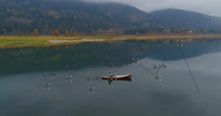 Poster - In animation, person canoeing on lake with data points overlayed on water