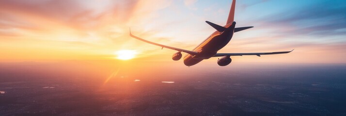 Poster - Airplane flying against vibrant sunset sky over distant landscape with clouds Generative AI