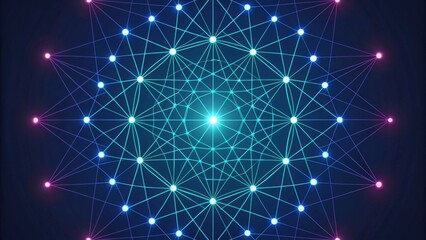 Poster - a glowing network of interconnected nodes forming a geometric pattern. The design is created with blue, turquoise, and pink lines and dots, radiating out from a central point.