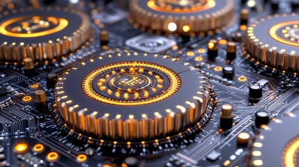 Poster - close up view of a circuit board with intricate, glowing orange and gold circular components. the bl