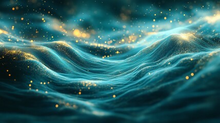 Wall Mural - Abstract flowing turquoise waves with golden glowing particles floating everywhere