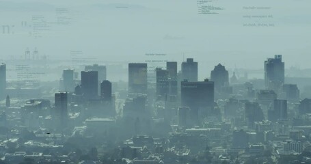 Poster - Animation of programming code overlaying city skyline in hazy atmosphere