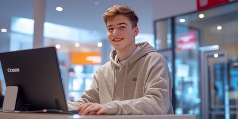 Aufkleber - A young man smiles while working at a laptop in a modern and bright workspace. The atmosphere is friendly and inviting. This image captures productivity and creativity. AI