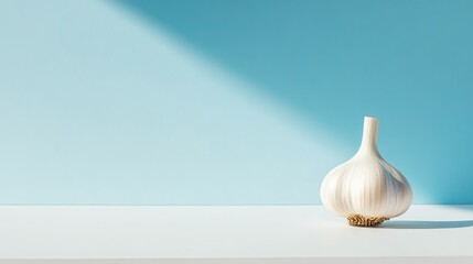 Poster - bold shot of garlic bulb resting on clean white surface surrounded by soft reflections and generous copy space