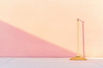 Poster - clean sidewalk with lone broom leaning against wall illuminated by soft light and surrounded by wide copy space