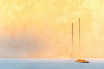 Poster - clean sidewalk with lone broom leaning against wall illuminated by soft light and surrounded by wide copy space