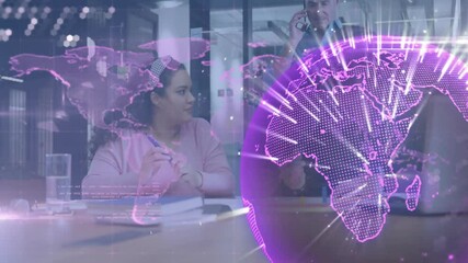 Poster - Business people in office with digital world map and globe animation overlay