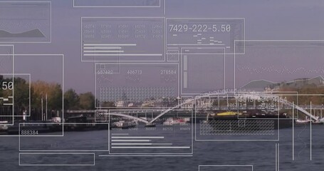 Poster - Data processing animation over river scene with bridge and moving boat