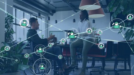 Poster - In office, colleagues collaborating with network of connections and data processing animation