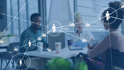 Poster - Network of connections and data processing animation over diverse team collaborating