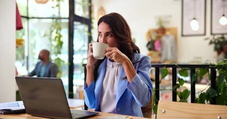 Poster - Coffee, phone call and business woman in cafe for contact, communication and remote working. Restaurant, freelance consultant and person on smartphone for networking, planning meeting and discussion