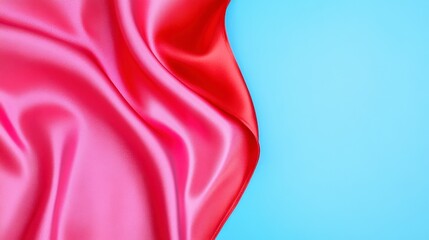 Poster - Draped red satin fabric on a light blue background. Soft, flowing folds create a luxurious texture. The color contrast is striking, and the image is simple yet elegant.
