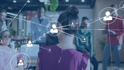 Poster - Network of connections and data processing animation over diverse business team