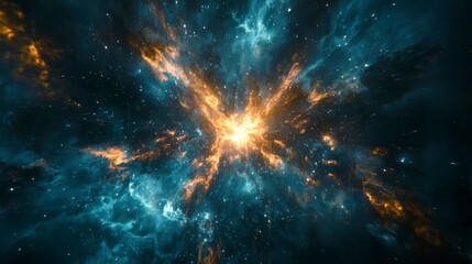 cosmic nebula explosion blue orange glowing stars dark background