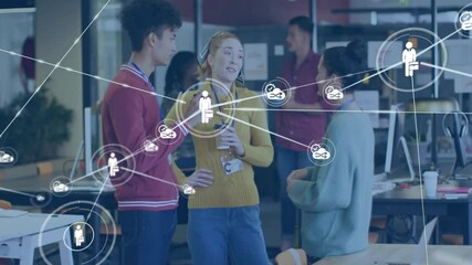 Poster - Network of connections and data processing animation over diverse people in office