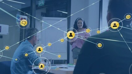 Poster - Network of connections and data processing animation over diverse business meeting
