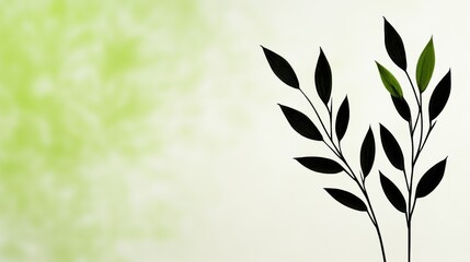 Poster - Simple illustration of stylized black leaves with one partially green leaf against a blurred lime green background. Minimalist botanical design.