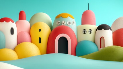 Poster - pastel colored, whimsical village landscape with textured, rounded buildings and a minimalist style.